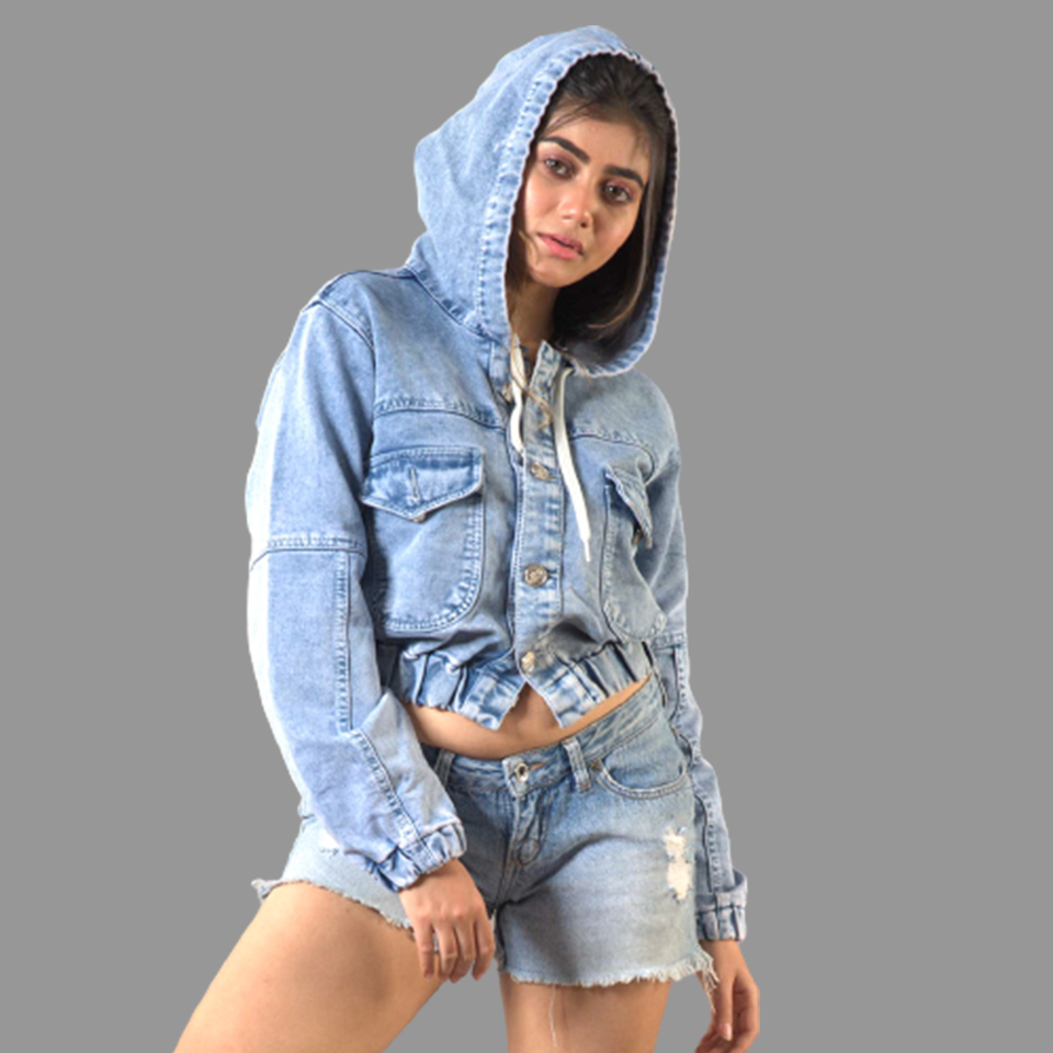 Buy Zip-up Cropped Blue Denim Jacket for Women Online in India